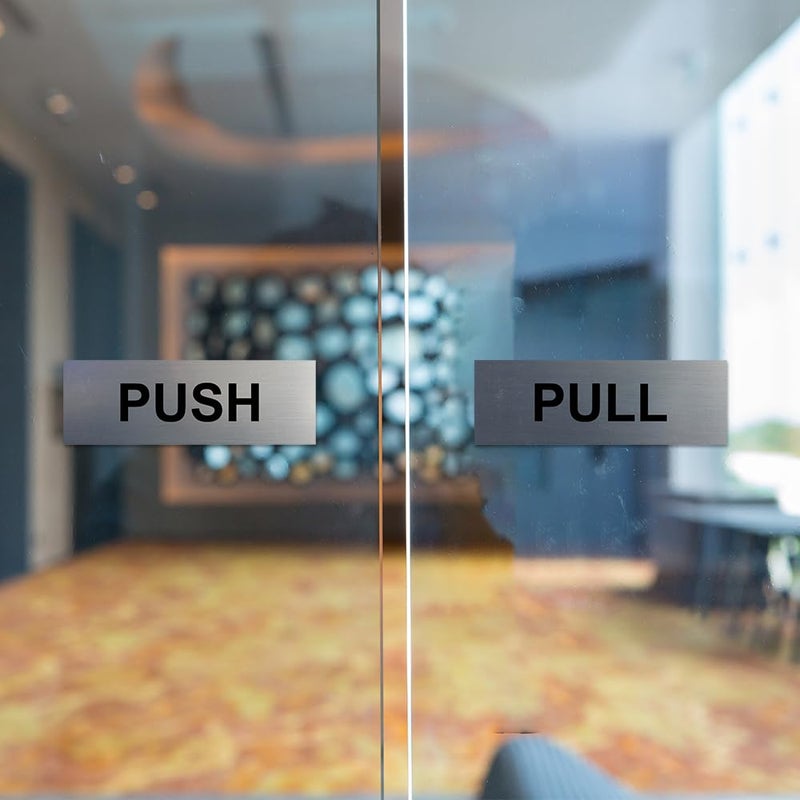 All Quality Basic PUSH and PULL Horizontal Door Sign w/Adhesive (Small 1" x 3") Brushed Silver - 1 Set - Image 2
